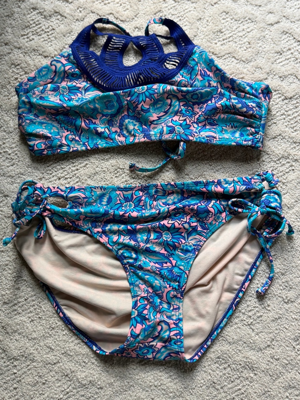 Xhilaration Blue Teal Pink Floral High-Neck Bikini Set